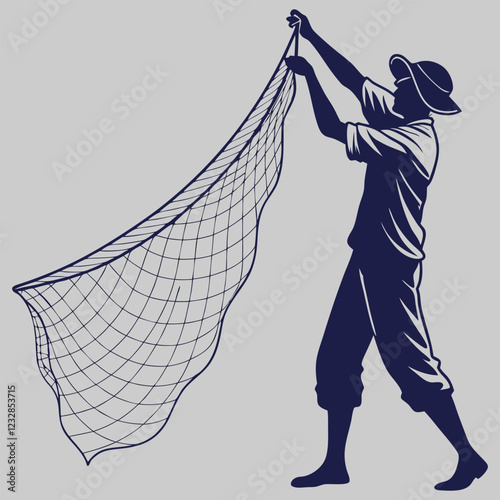 a fisherman holding a fishing net silhouette vector design art and illustration