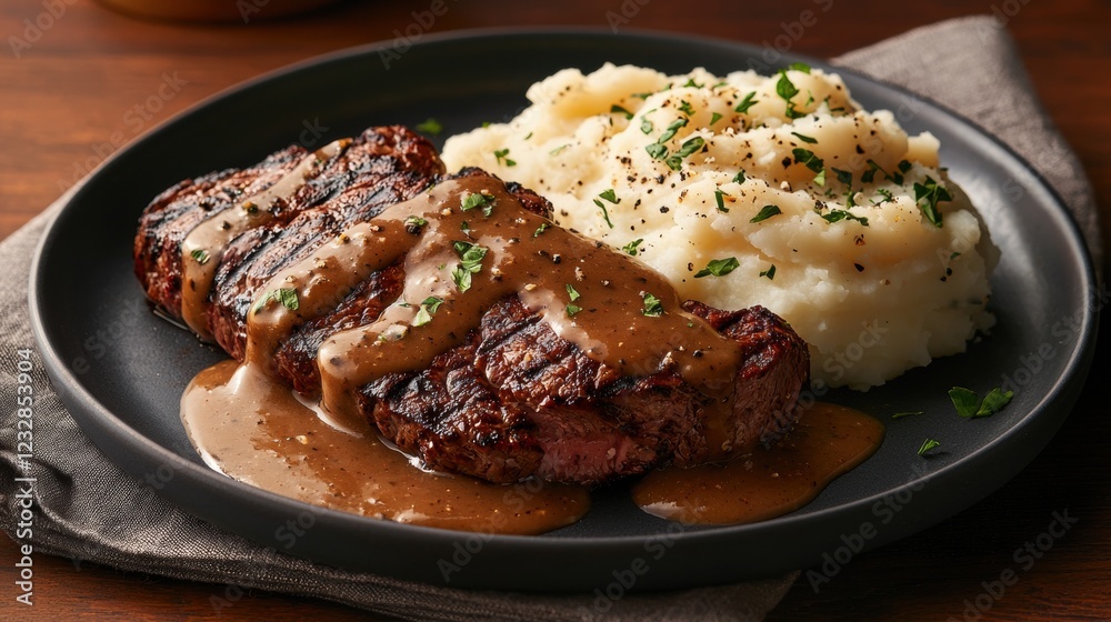 Plate of food consisting of a steak, mashed potatoes, and gravy. the steak is cooked medium-rare and appears to be seasoned with herbs and spices. Plate of food consisting of a steak, mashed potatoes, and gravy. the steak is cooked medium-rare and appears to be seasoned with herbs and spices.