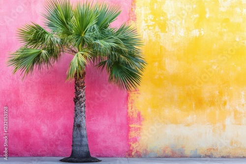 Vibrant palm tree against colorful pink and yellow wall in urban setting