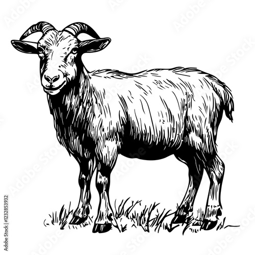 Artistic Cartoon Goat Line Art High-Quality Monochrome Design, Sketch, No Background 