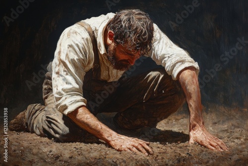 Hardworking farmer tending to soil in garden during sunny afternoon in rural ...