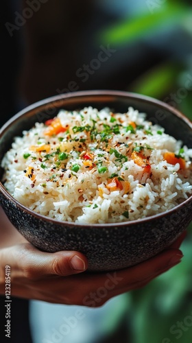 Colorful vegetable rice dish served in a bowl against a dark background