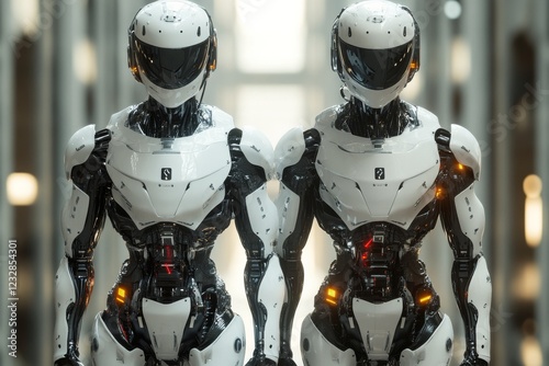 Two humanoid robots facing each other in a snowy environment at a futuristic ...