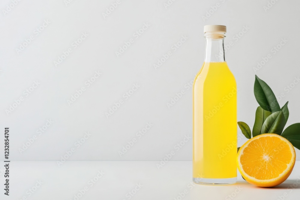 refreshing orange juice in a glass bottle with a fresh orange slice and green leaves refreshing orange juice in a glass bottle with a fresh orange slice and green leaves