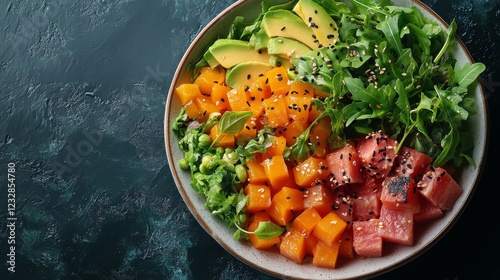 Freshly prepared salad with colorful tomatoes and greens presented on a plate...
