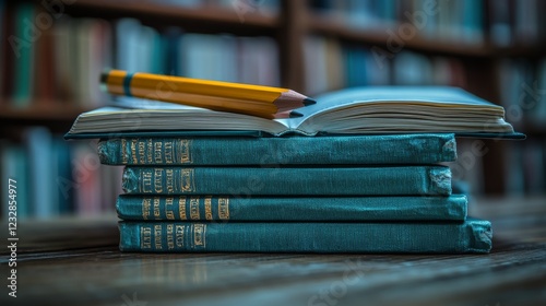 Open book with yellow pencil on stack of blue hardcover books in library setting