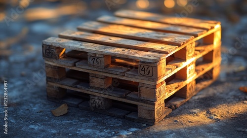 Wooden pallets stacked at sunset in a storage yard creating a warm glow effect