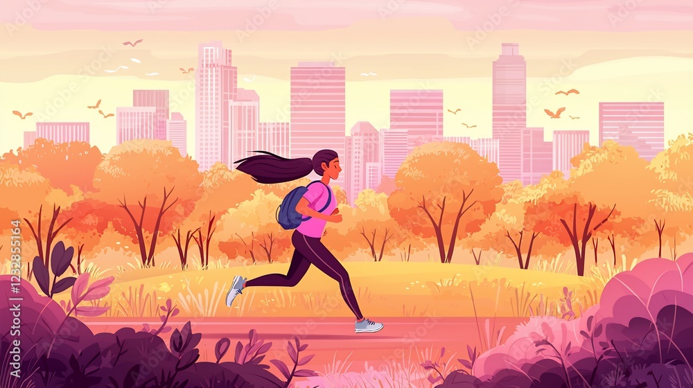 Naklejka premium Woman jogging in a vibrant park with autumn trees and a city skyline at sunset