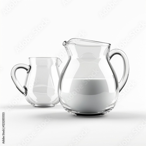 A glass milk jug and a small cup with a white background, 3D rendering. photo