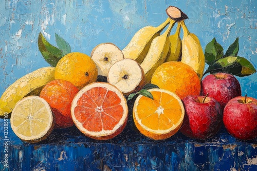 Colorful fruit arrangement on blue background showcasing various fresh fruits...