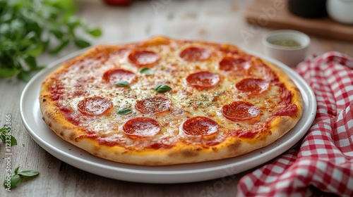 Delicious pepperoni pizza served on a white plate with fresh basil and herbs
