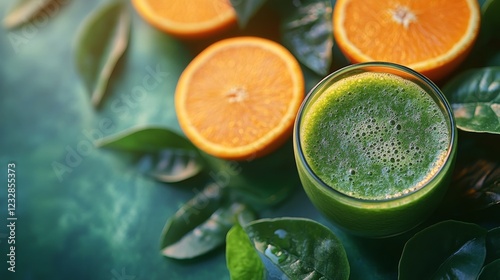 Fresh green smoothie with oranges and leaves on a vibrant background