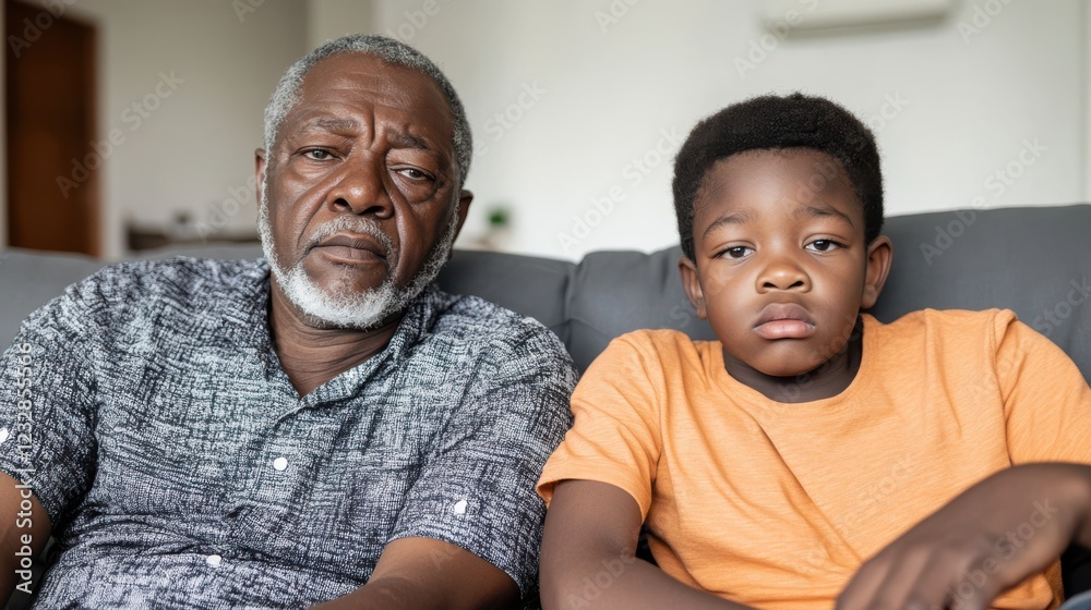 Obraz premium A mature father and his young son share a quiet moment on the sofa, exuding warmth and a deep familial bond in a cozy indoor setting.