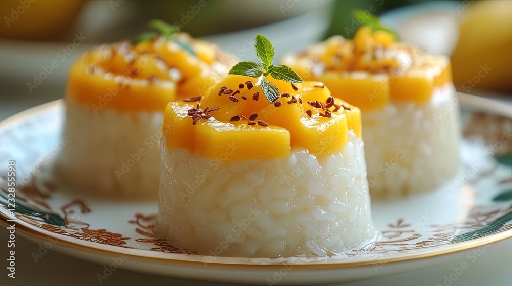Elegant Thai mango sticky rice dessert with coconut milk, glistening and vibrant colors Elegant Thai mango sticky rice dessert with coconut milk, glistening and vibrant colors