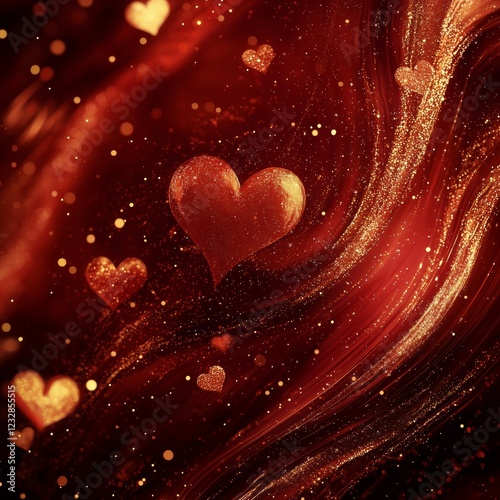 Glowing Red Hearts and Golden Sparkles on a Romantic Background - made with Generative AI photo