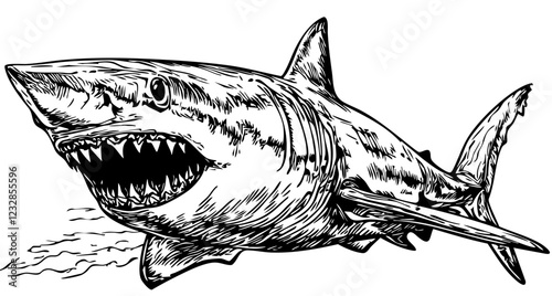 Black-and-White Shark Precision and Detail in Illustration, Sketch, No Background
