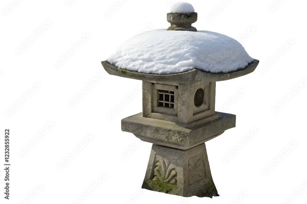 Stone Lantern in Winter: A traditional Japanese stone lantern, adorned with a layer of fresh snow, stands serenely against a clear sky. Stone Lantern in Winter: A traditional Japanese stone lantern, adorned with a layer of fresh snow, stands serenely against a clear sky.