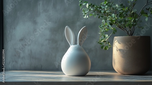 White ceramic rabbit decoration on a minimalist table with dried plants in a ...