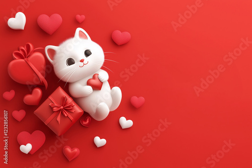 Adorable white cartoon cat holding a red heart surrounded by heart shapes and gift boxes on a bright red background concept of valentines day and romantic celebrations photo