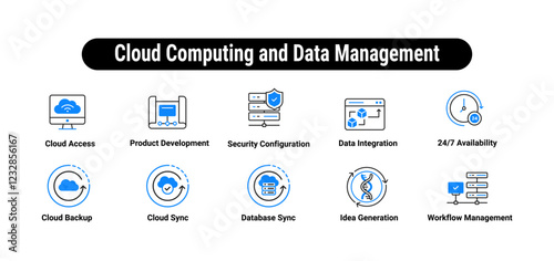 Icons for cloud computing, data management, cloud storage, cybersecurity, database security, it infrastructure, workflow automation, cloud computing technology and more.