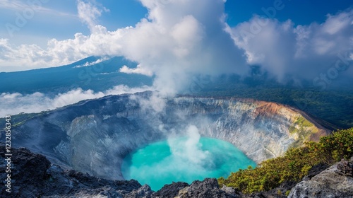 Amazing view of El Salvador's Santa Ana Volcano crater. The beautiful turquoise water and rising steam create a dramatic and stunning scene.