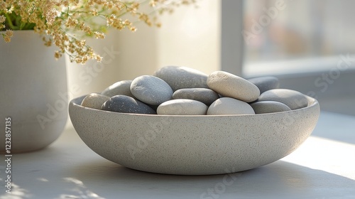 Decorative bowl filled with smooth stones placed near a sunlit window with de...