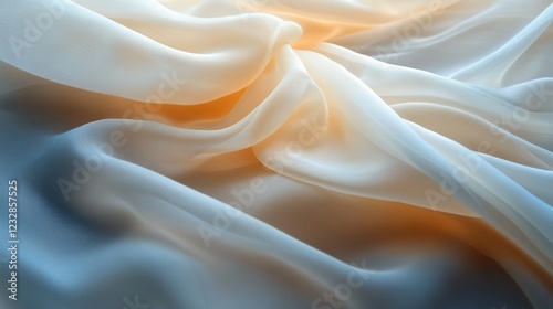 Soft, flowing silk fabric in warm light creates an elegant texture and visual...