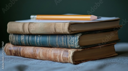 Open book with yellow pencil on stack of blue hardcover books in library setting