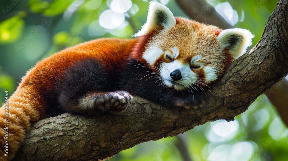 Fototapeta premium Red pandas are cute animals that live in the forests of the Himalayas. They look like a mix of a fox and a cat, with reddish-brown fur, bushy tails, and adorable masked faces.