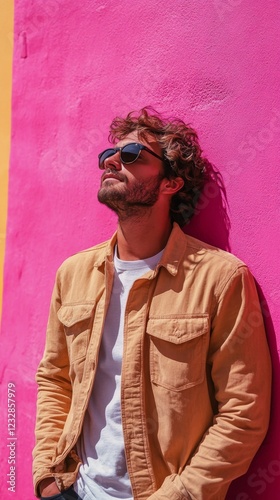 Young man enjoying a sunny day against a vibrant pink wall in an urban location