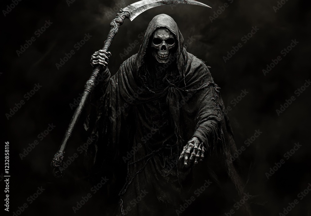 Grim Reaper: Dark Fantasy Figure in Monochromatic Style Grim Reaper: Dark Fantasy Figure in Monochromatic Style