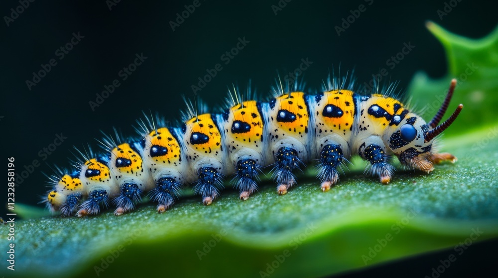 Stunning close-up shots of a beautiful caterpillar crawling on a leaf. Stunning close-up shots of a beautiful caterpillar crawling on a leaf.