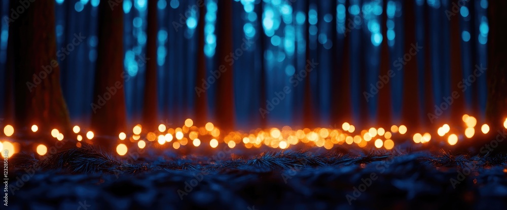 Fototapeta premium Enchanting night forest, glowing lights, dark trees, fantasy background