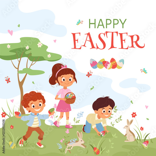 Joyous Easter card with children and bunnies. Vibrant vector design with boy and girl characters, perfect for print, party invites, flyers, banners and post. Capturing excitement of an Easter egg hunt
