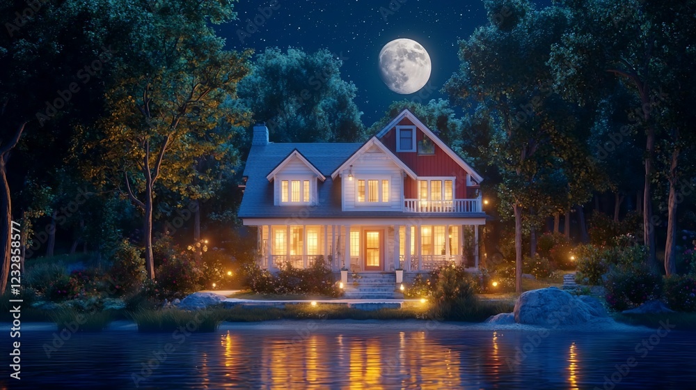 Fototapeta premium Lakeside House Illuminated At Night Underneath A Full Moon