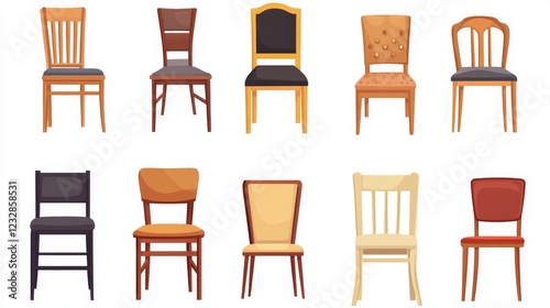 Various types of chairs for home, hotels, and halls, shown in a vector illustration on a white background.