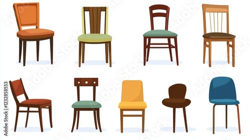 Various types of chairs for home, hotels, and halls, shown in a vector illustration on a white background.
