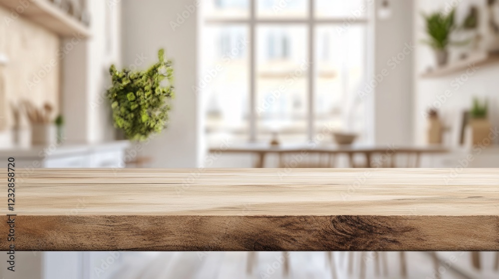Fototapeta premium Wooden kitchen counter on blurred white home interior. Perfect for displaying or adding wooden elements to your dining background.