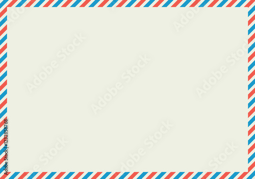 Blank rectangular airmail envelope. Vintage international letter frame. Retro postcard with blue and red stripes on kraft paper. Vector illustration for banner, template, postcard, stickers, cover.