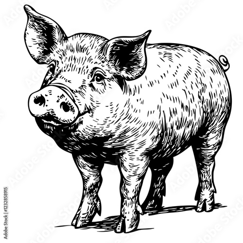 Classic Pig Artwork High-Contrast Black-and-White Art, Sketch, No Background 