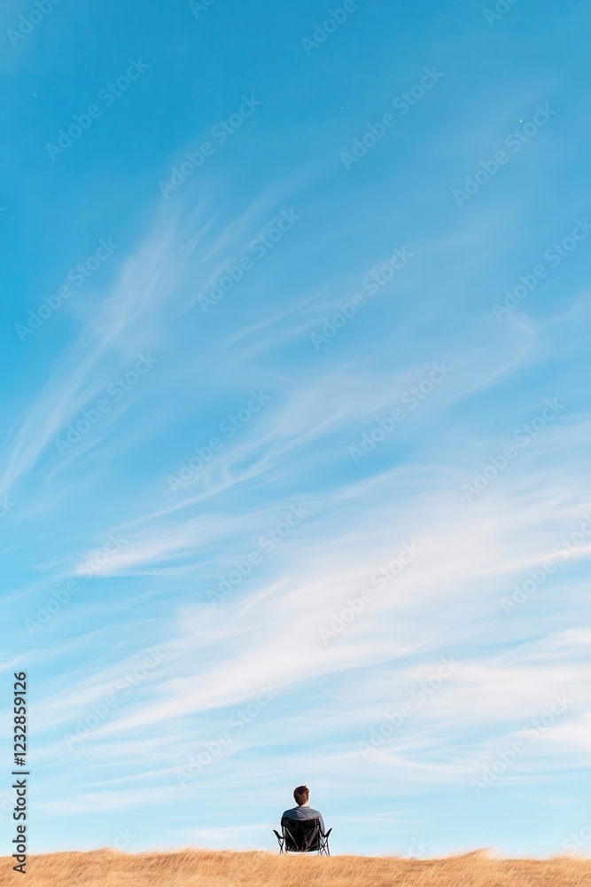 Side view of a lone stargazer sitting on a camping chair, lost in thought under an infinite sky Side view of a lone stargazer sitting on a camping chair, lost in thought under an infinite sky