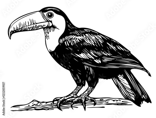 Classic Toucan Artwork High-Contrast Black-and-White Art, Sketch, No Background 