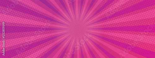 Pop art pink dotted background. Retro backdrop with sun rays in comic book style. Cartoon funny vector pattern. Sunburst halftone illustration. Pixelated overlay texture poster, banner.
