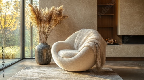 Cozy chair with cream blanket and dried flowers in a serene indoor setting