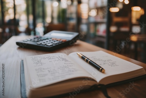 Workspace layout with documents, calculator, and mug in natural light during ...