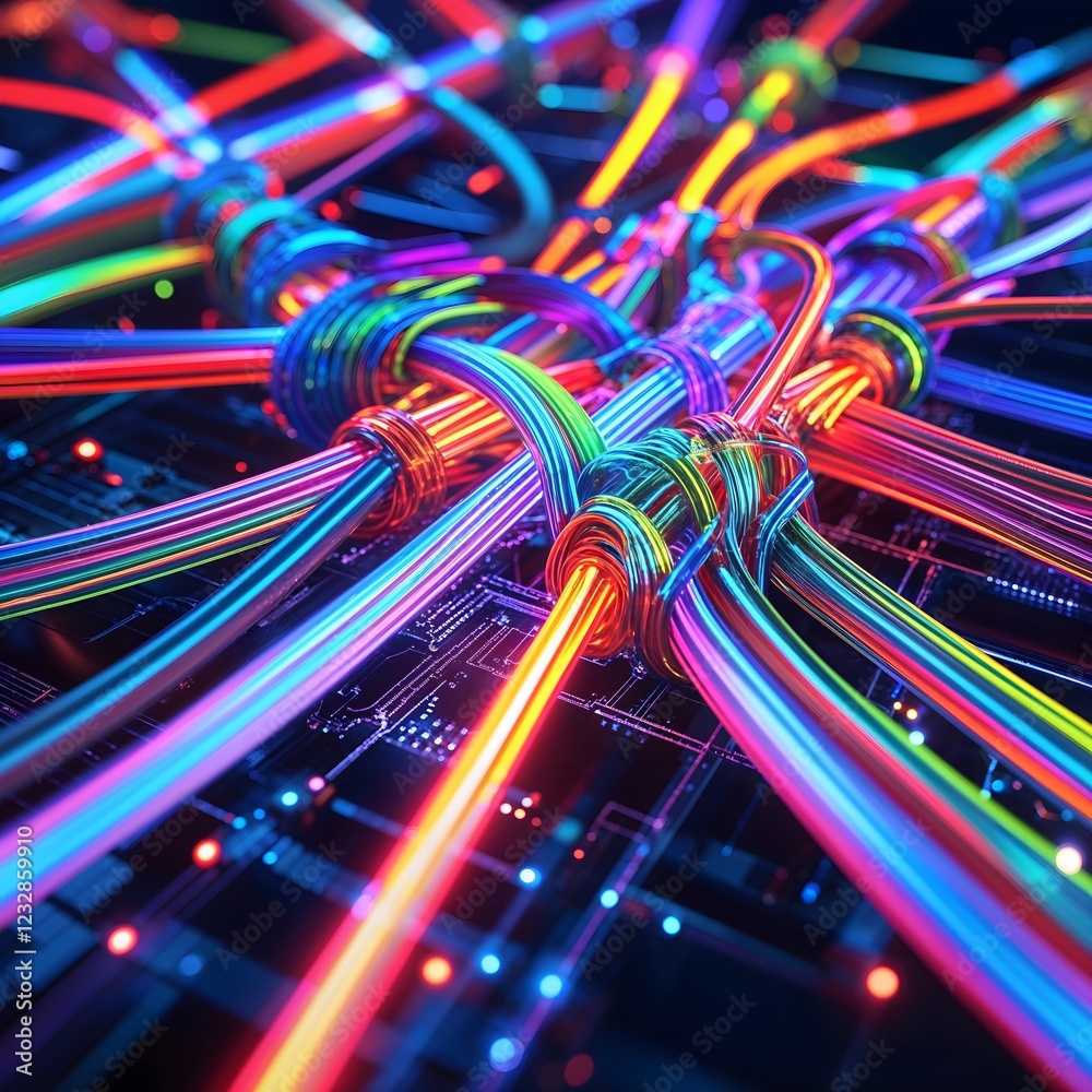 Intricate Light Patterns in Neon Fiber Optic Cables Intricate Light Patterns in Neon Fiber Optic Cables