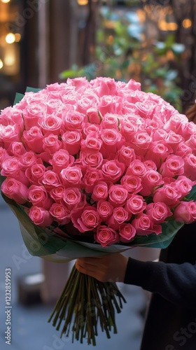 Large bouquet of pink roses held by a person in an urban setting with soft li...