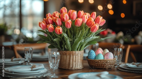 Decorative Easter table setting with pastel eggs and tulips in a cozy spring ...