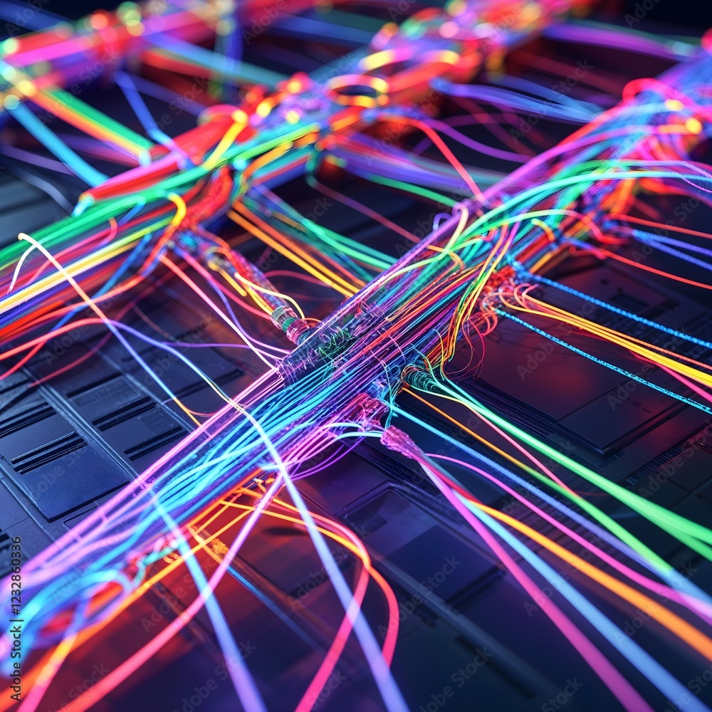 Intricate Light Patterns in Neon Fiber Optic Cables Intricate Light Patterns in Neon Fiber Optic Cables