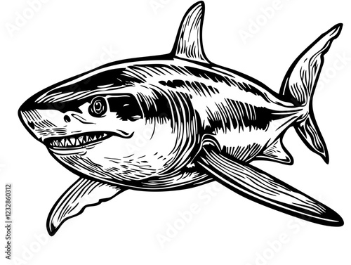 Detailed Shark Line Drawing Beautiful Monochrome Artwork, Sketch, Transparent Background